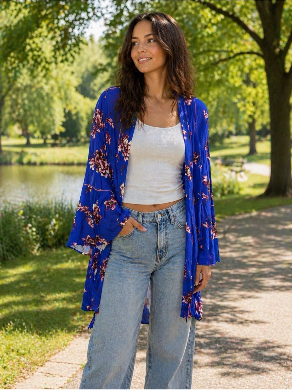 Rue21 Royal Blue Floral Rayon Cardigan